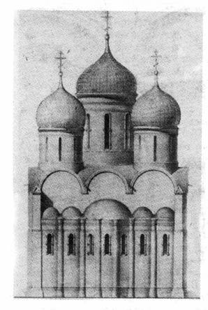 Реконструкция восточного фасада Успенско¬го собора Московского Кремля. Рисунок глав выполнялся без обмеров.